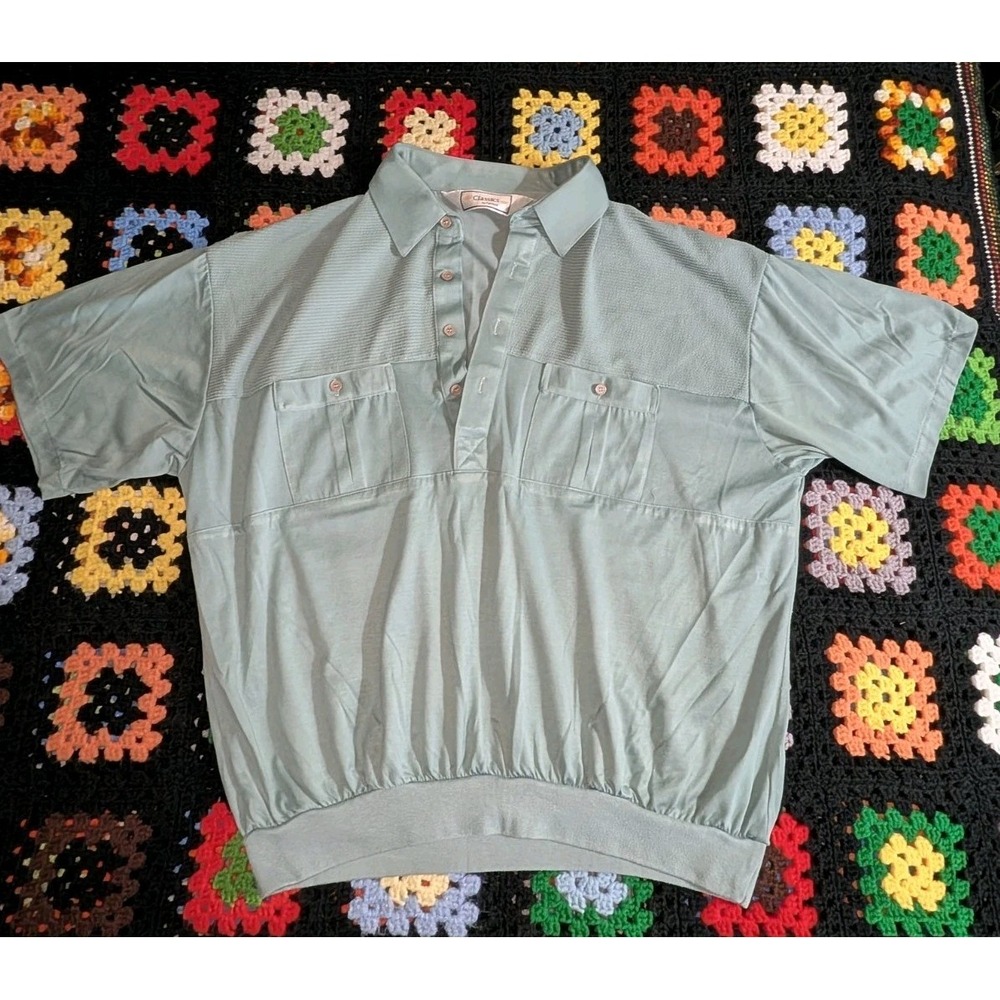 Vintage Palmland Short Sleeve Shirt Pullover Aqua Snap Button Mens XL